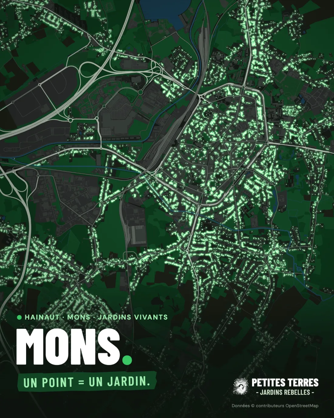 Carte de Mons et du Borinage : chaque point vert représente un jardin